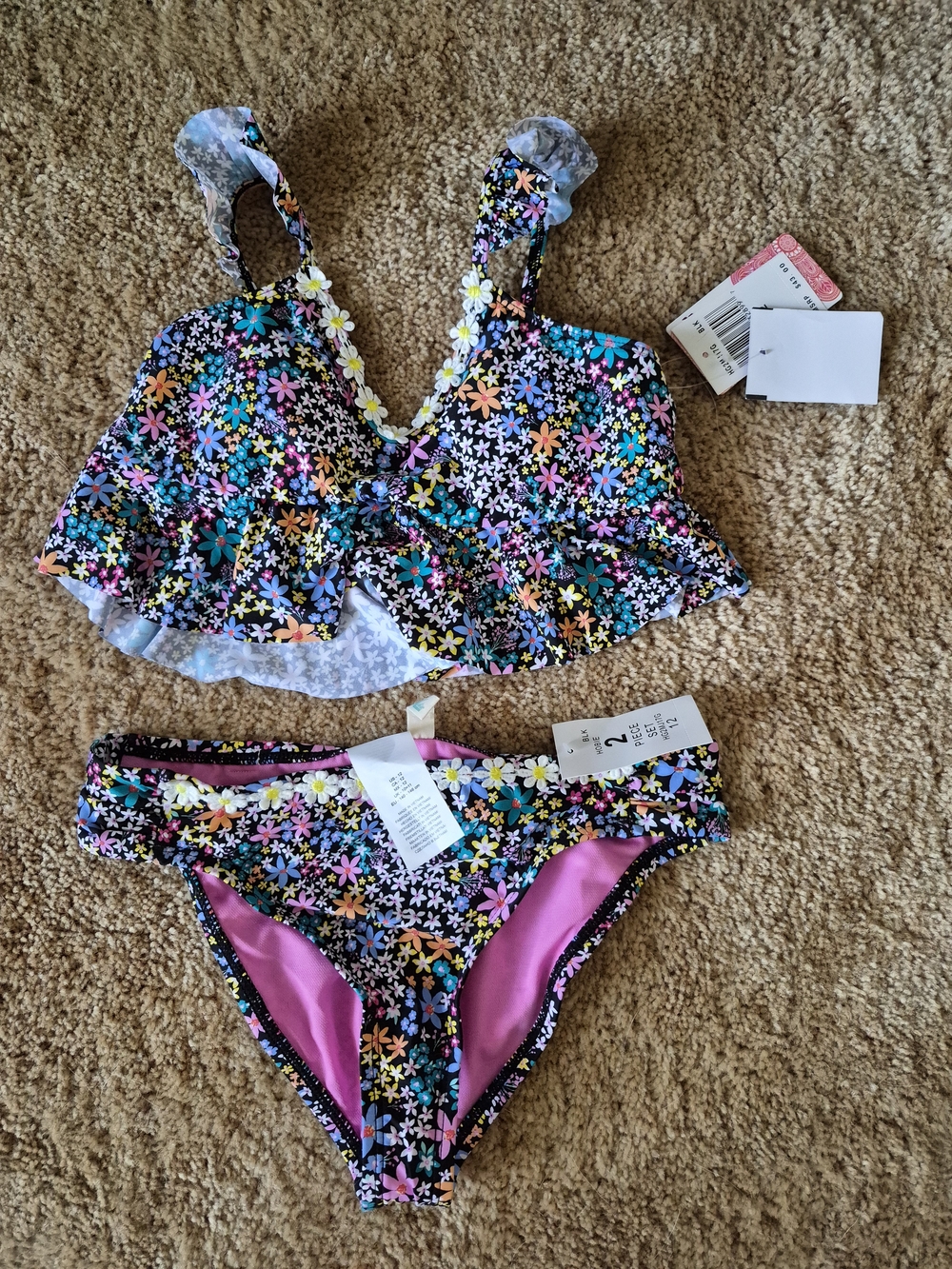 Hobie Girls 12 "Dainty Ditsy" Flounce Bralette Bikini Set in black
